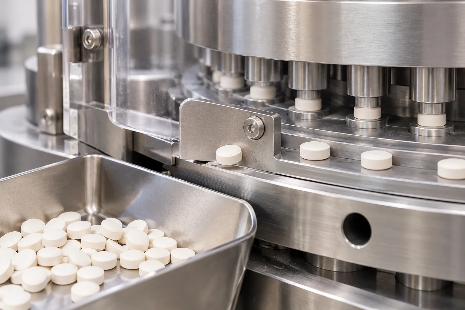 Illustrative tablet processing equipment and a separate inspection tray