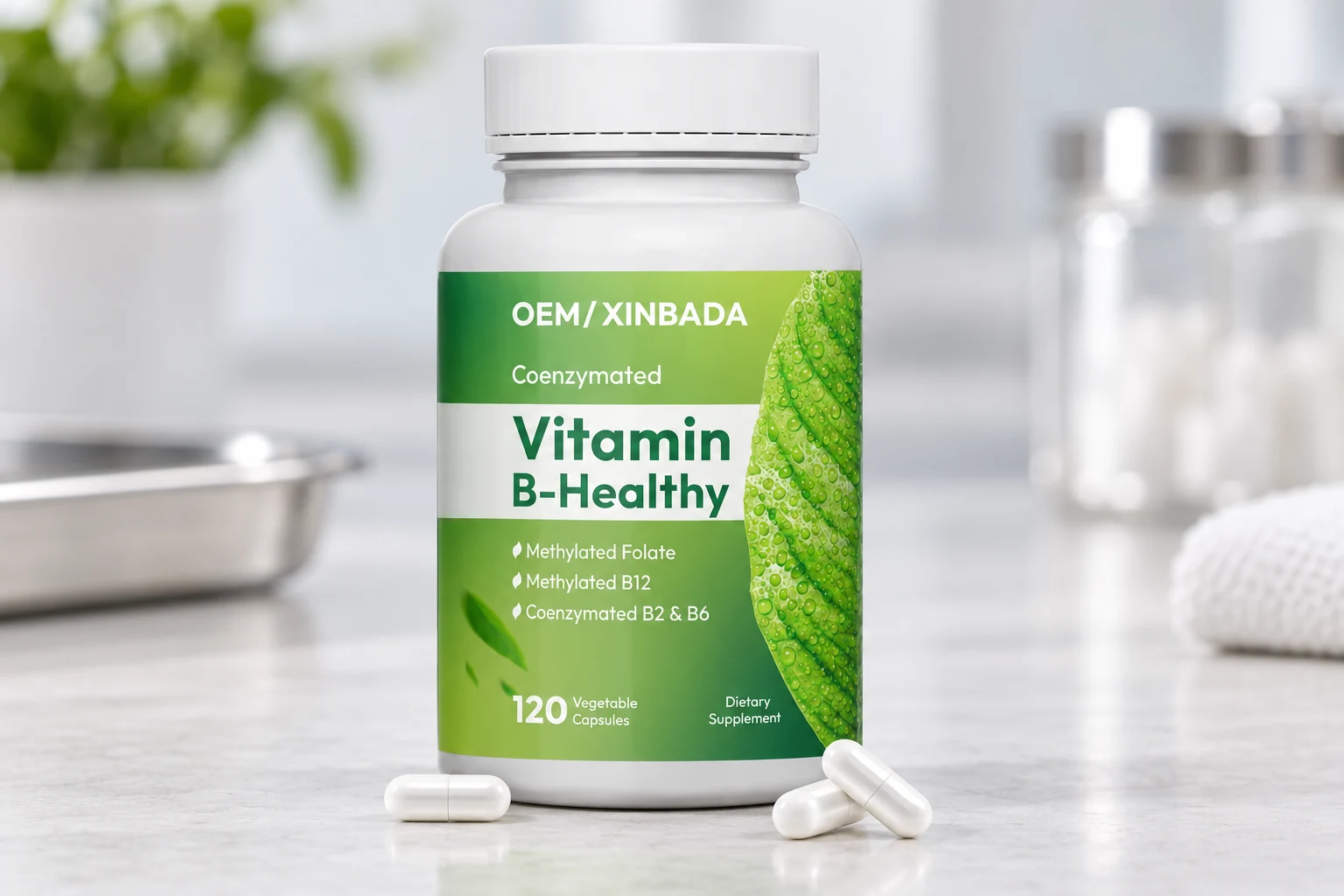 Original green Vitamin B-Healthy capsule packaging in an illustrative production review setting