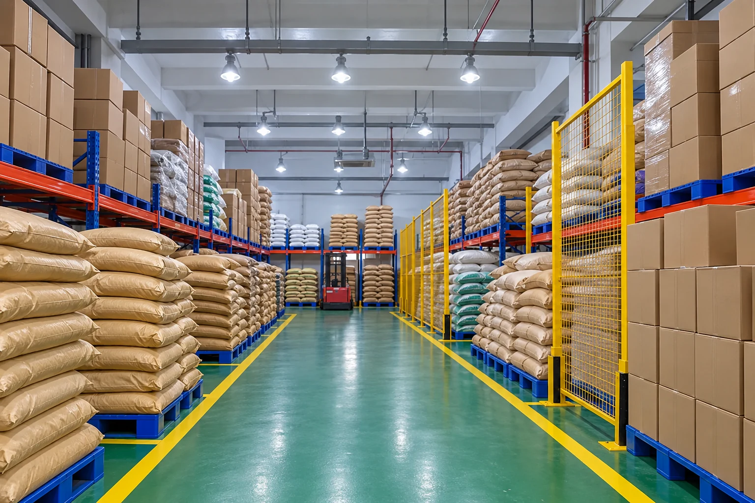 Illustrative ingredient warehouse aisle with orderly sacks and cartons