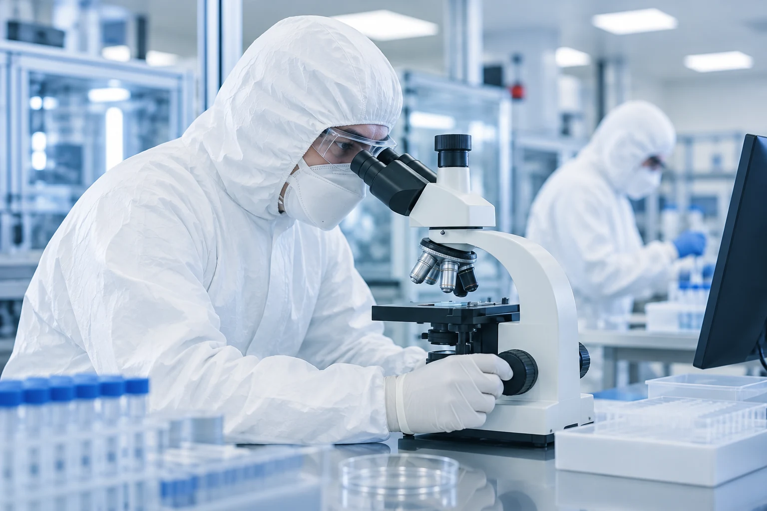 Illustrative laboratory analyst reviewing a sample with a microscope