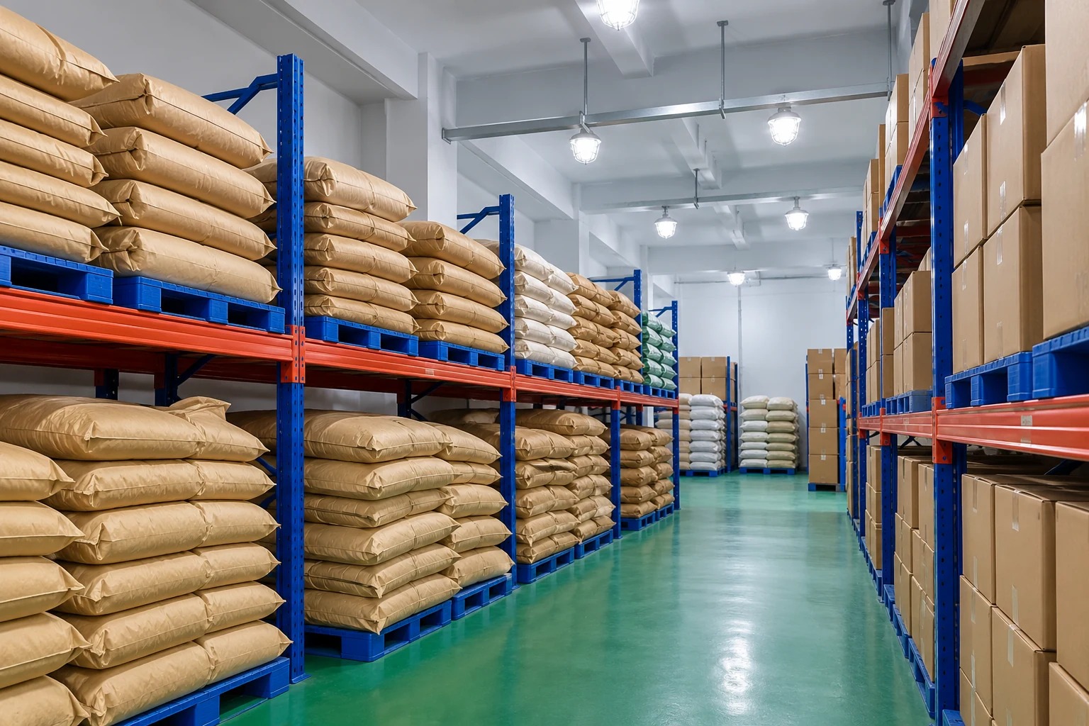 Illustrative ingredient warehouse with separate sacks and carton storage