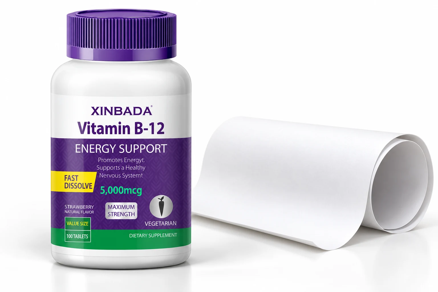 Vitamin B-12 tablet bottle beside a blank packaging proof for artwork review