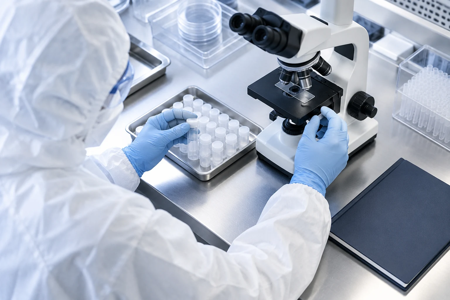 Illustrative laboratory bench with a microscope and protected sample handling