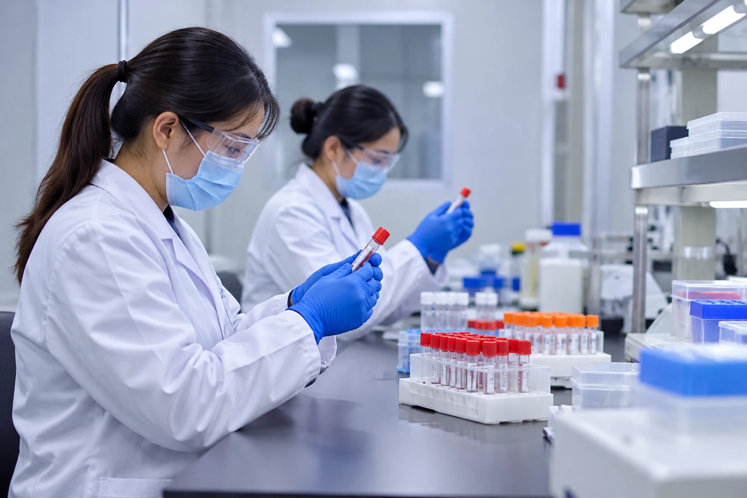 Illustrative laboratory staff reviewing sample tubes for a manufacturing quality handoff
