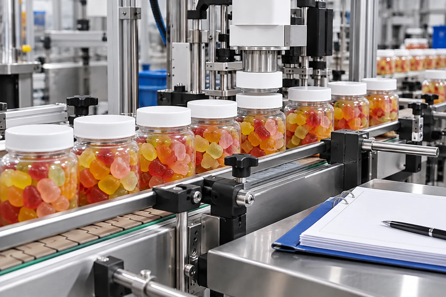 Illustrative gummy jar packaging line with a blank batch record folder beside the equipment