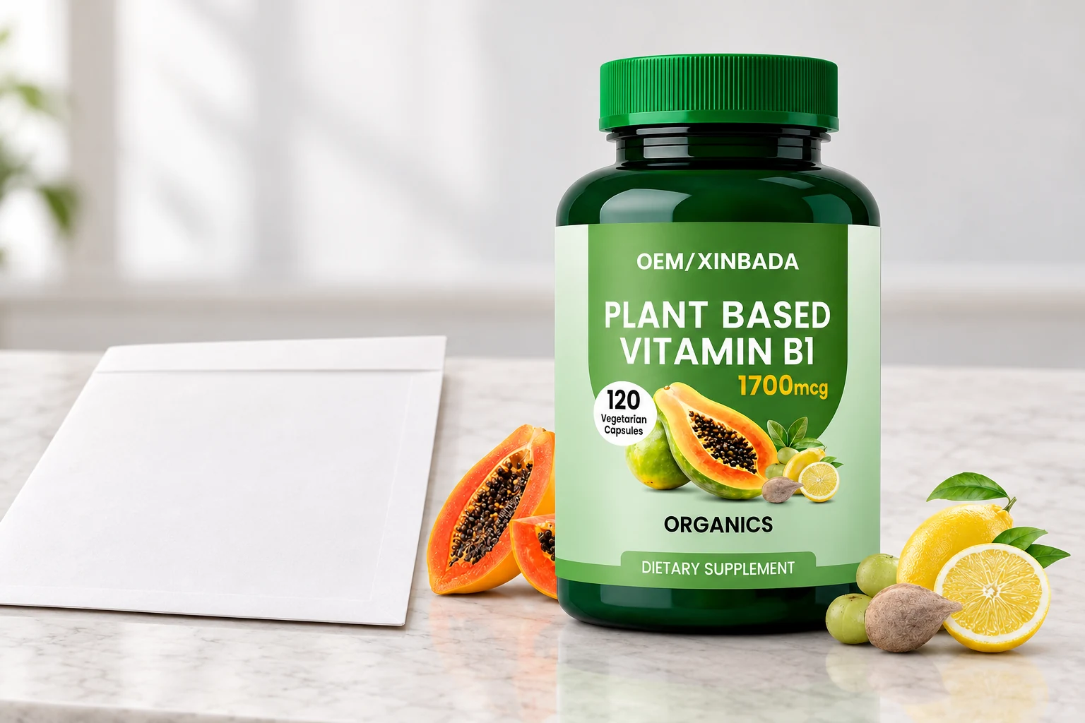 Green vitamin B1 bottle used as an example of a separately controlled supplement packaging specification
