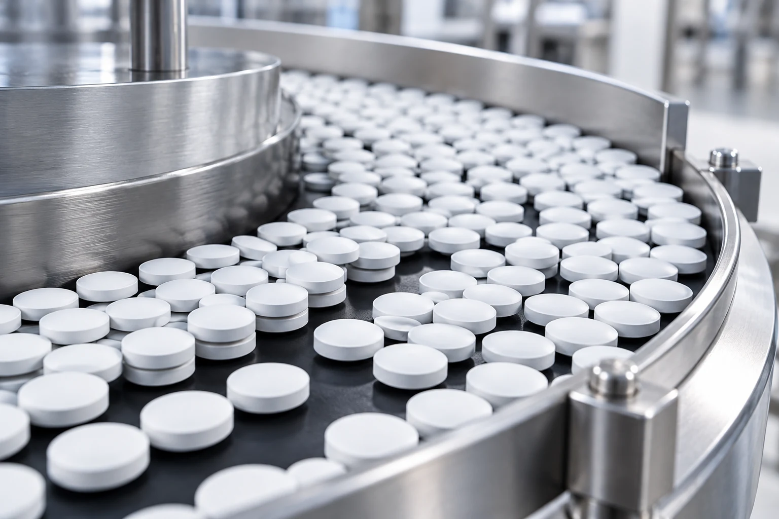 Illustrative curved processing conveyor carrying white tablets during supplement production
