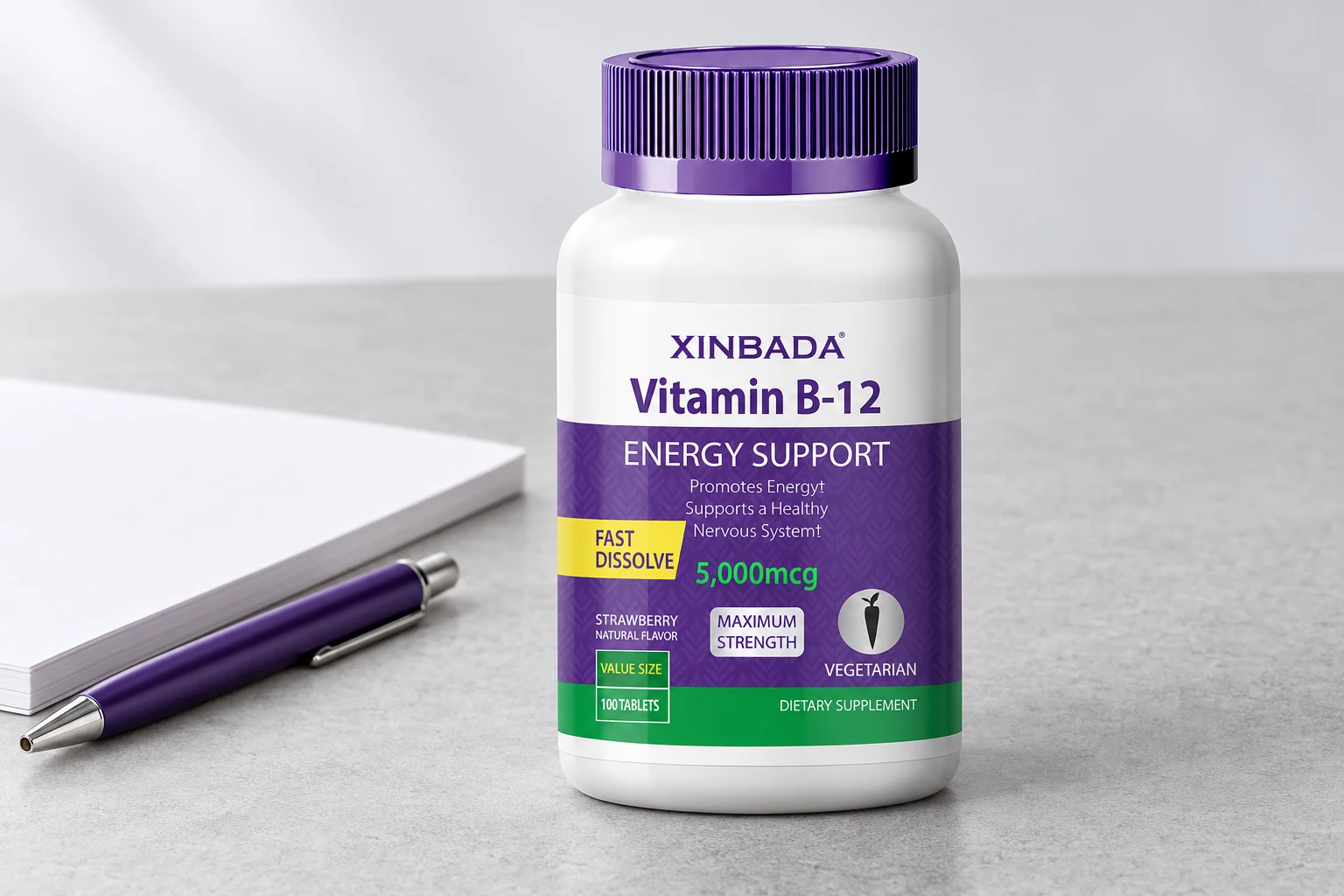 XINBADA Vitamin B-12 bottle shown as an illustrative packaging example for a manufacturing specification