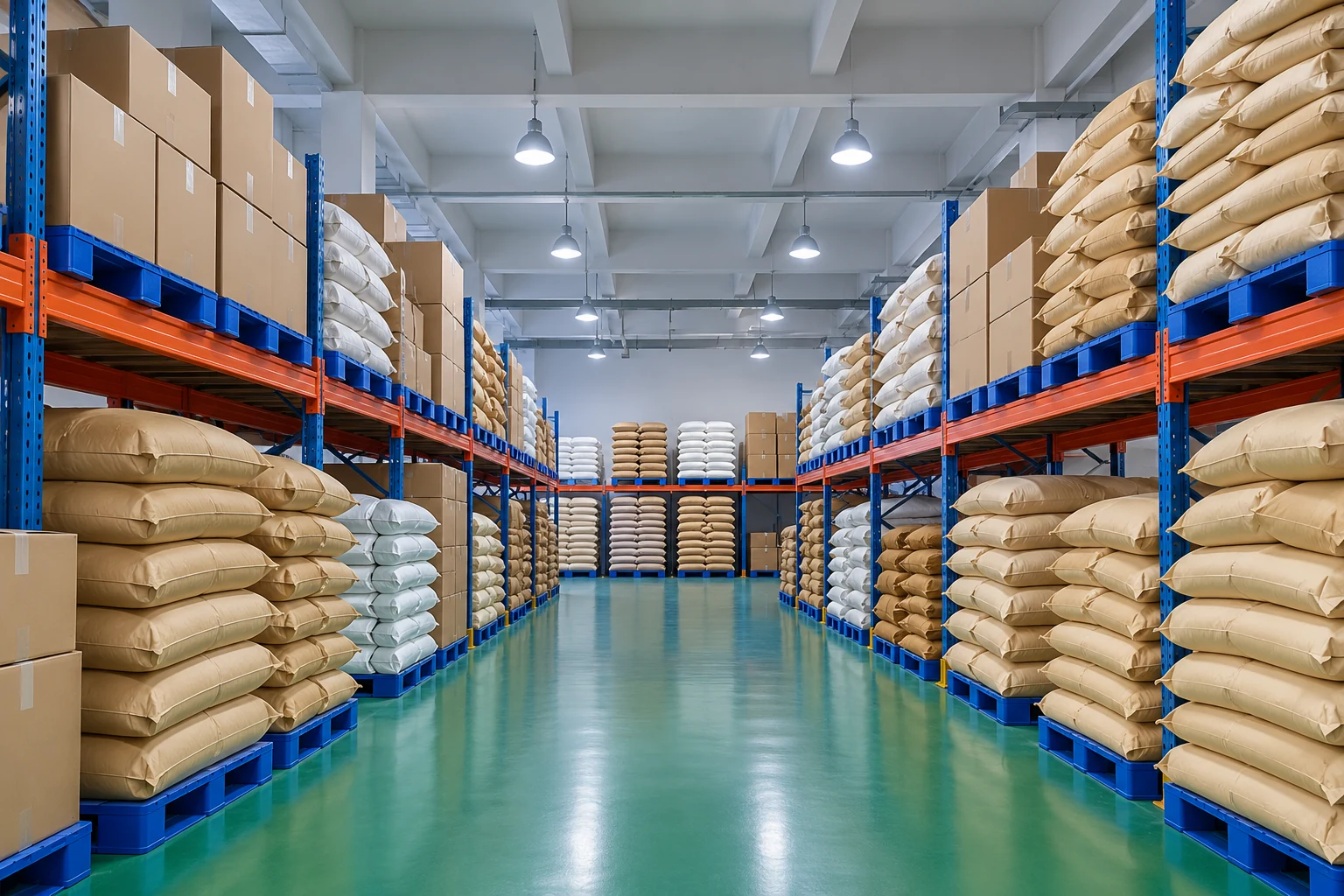 Organised warehouse shelves containing cartons and bagged materials