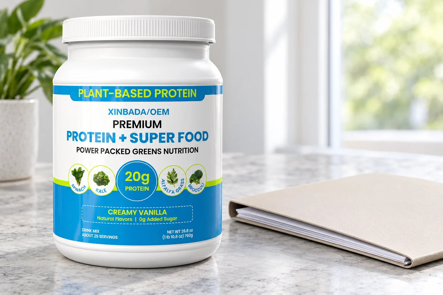 Plant based protein jar illustrating a powder packaging format