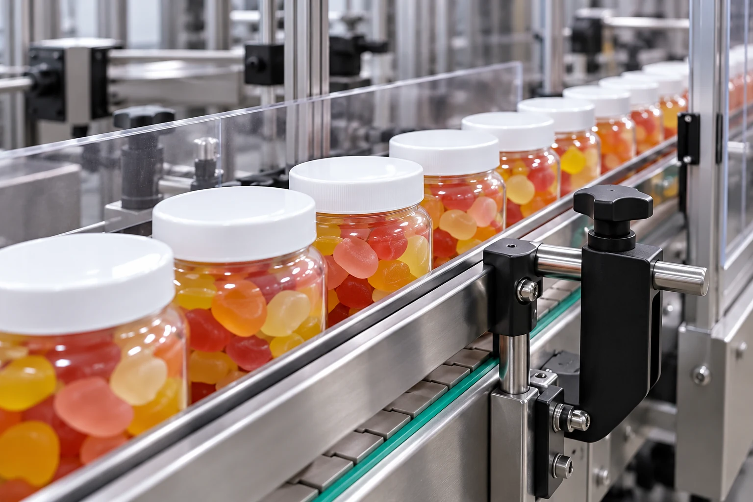 Closed jars moving along a packaging conveyor