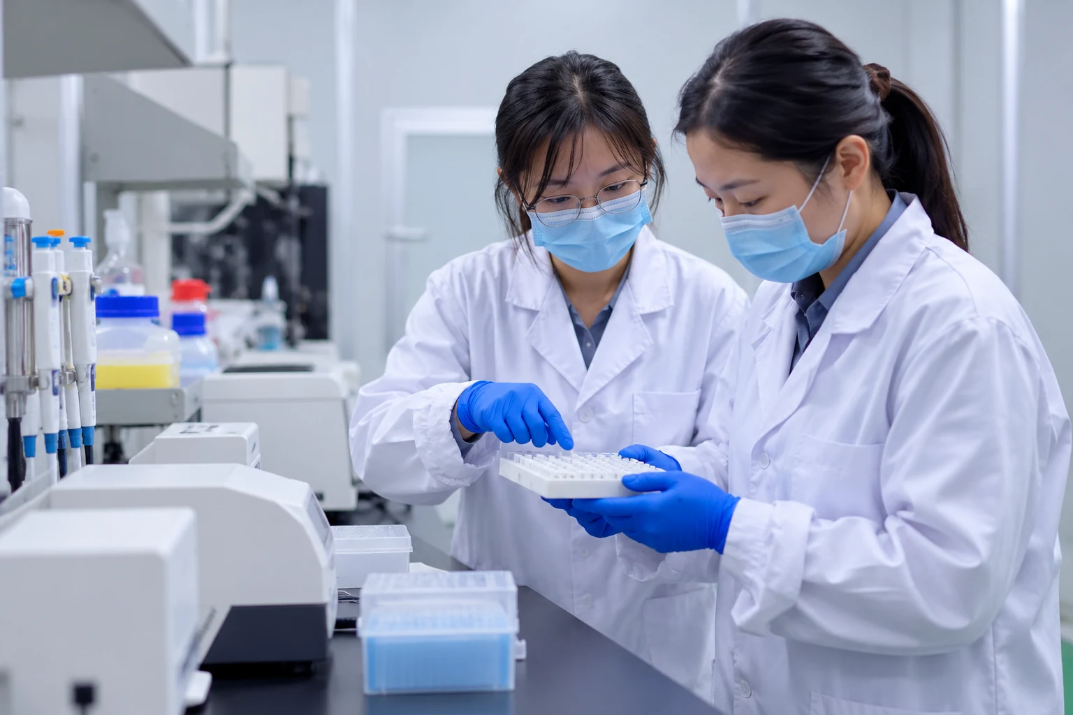 Laboratory personnel reviewing a sample tray in a clean workspace