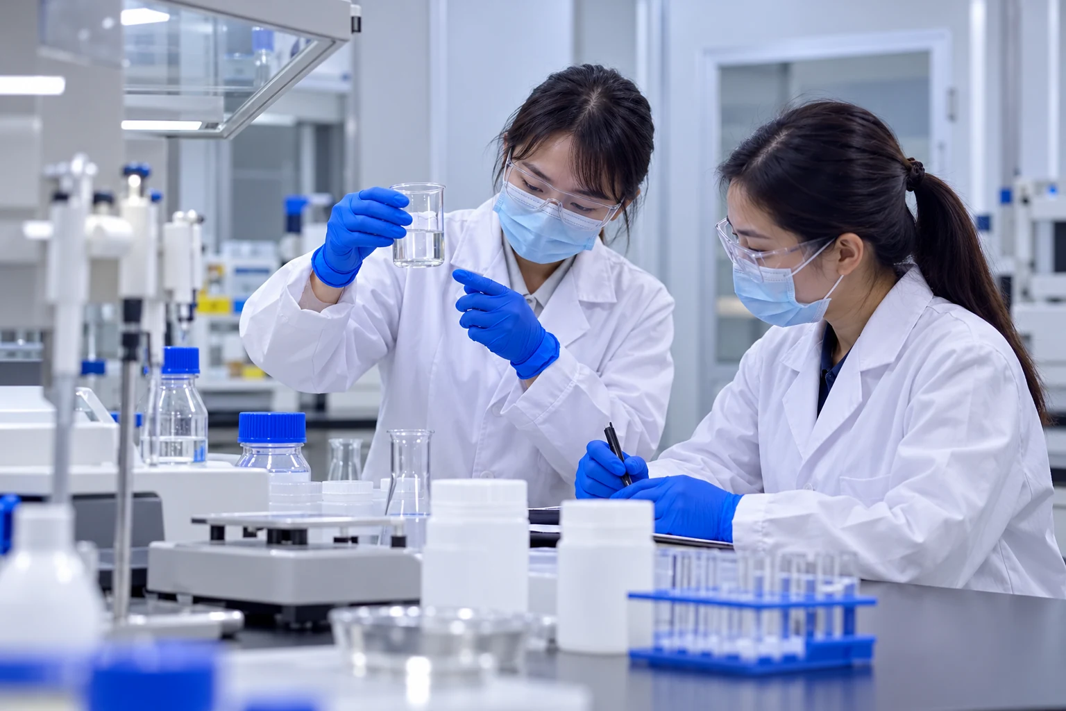 Laboratory staff reviewing a sample in an illustrative analytical workspace