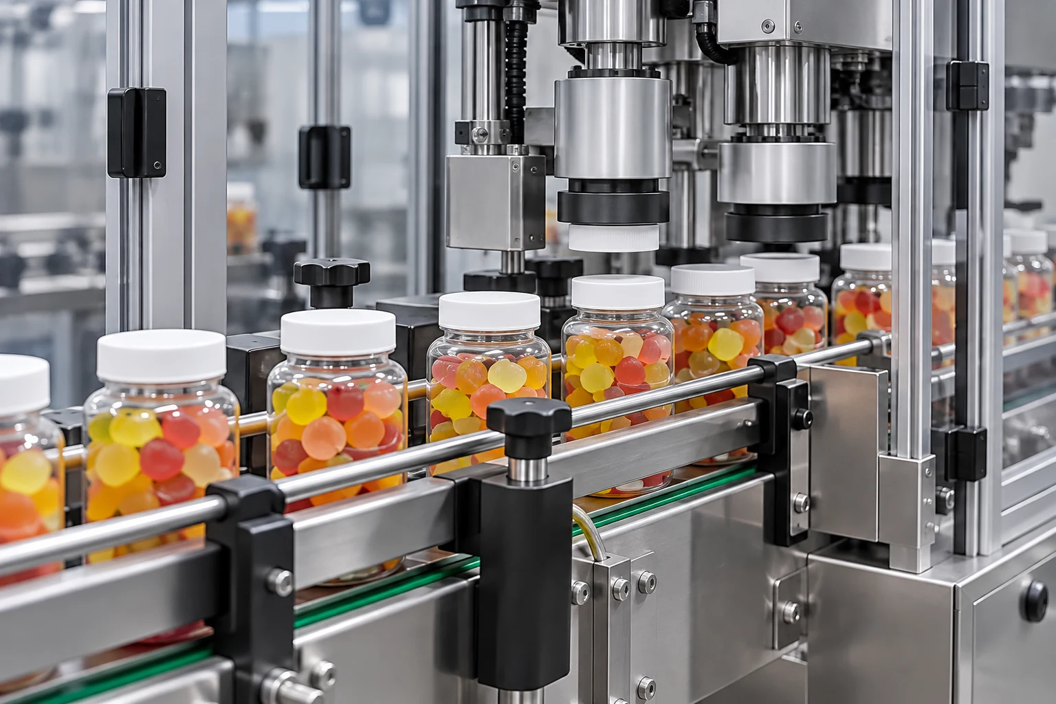 Illustrative supplement jar capping line with controlled spacing