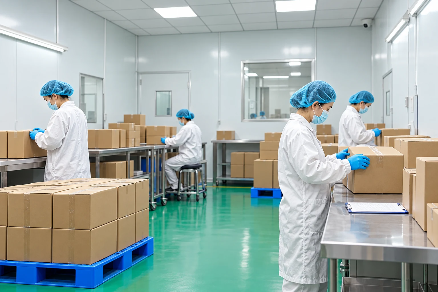 Illustrative packing room where staff inspect closed cartons