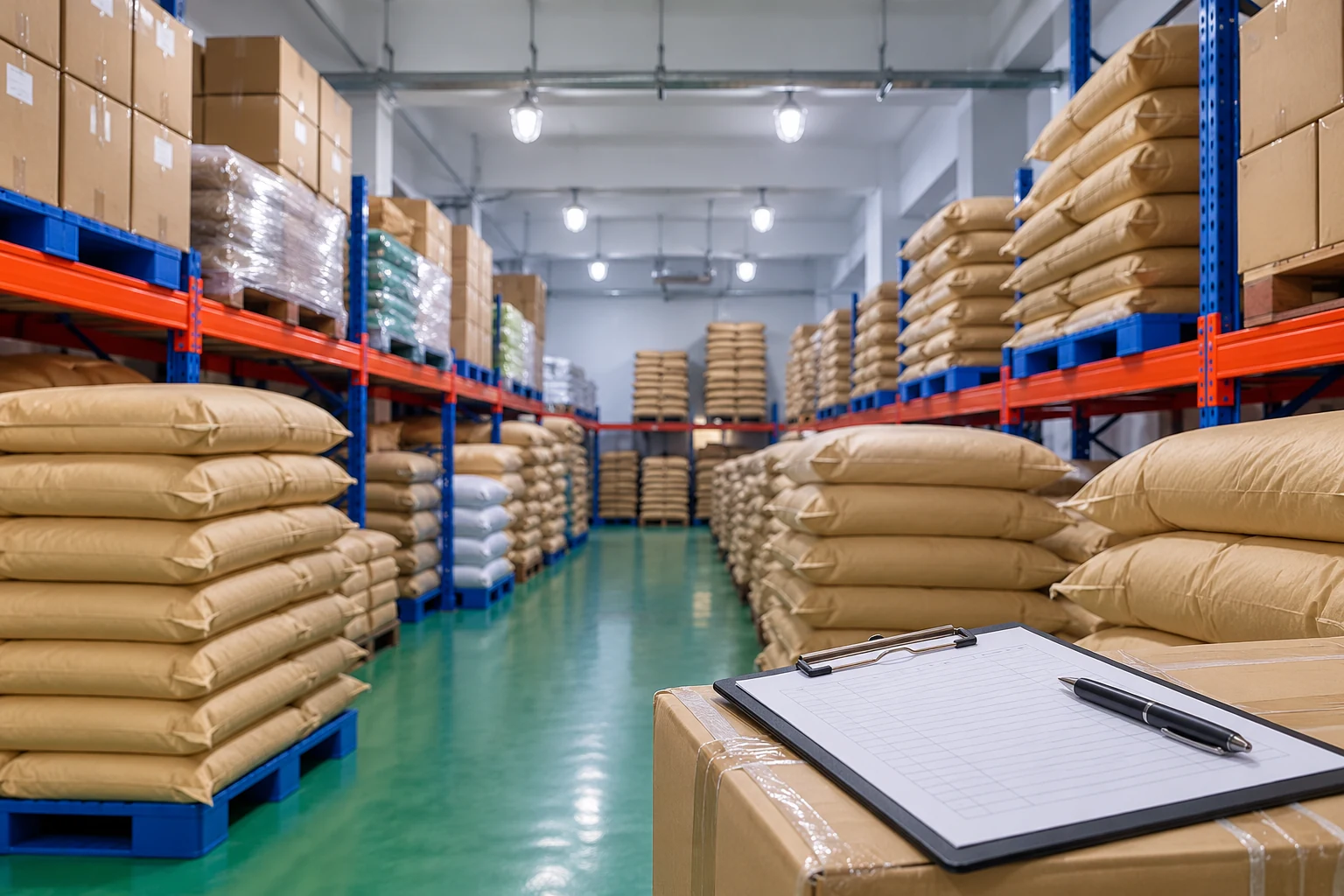 Orderly storage aisle illustrating documented storage conditions and batch handling