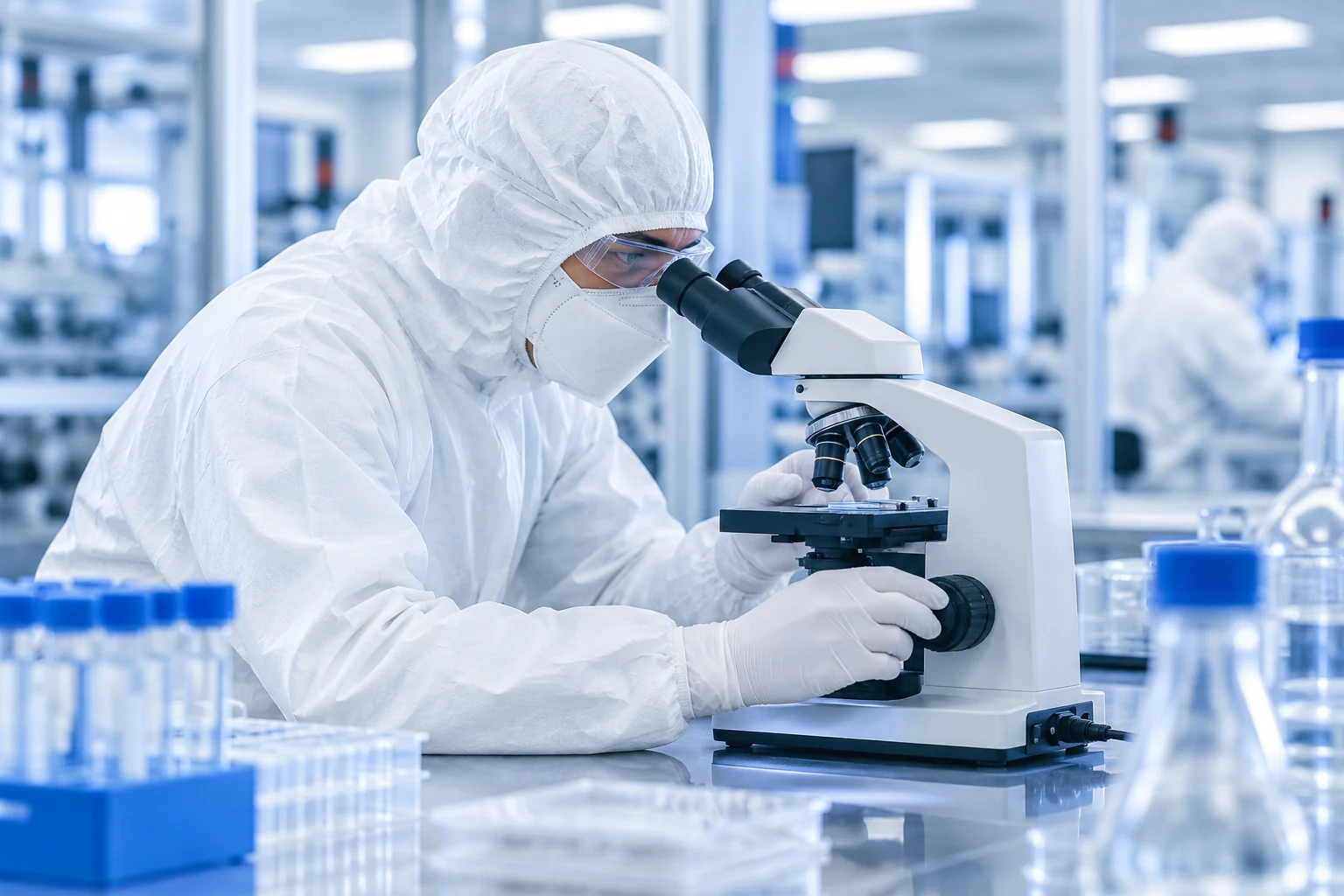Laboratory analyst examining a sample in an illustrative evidence review setting