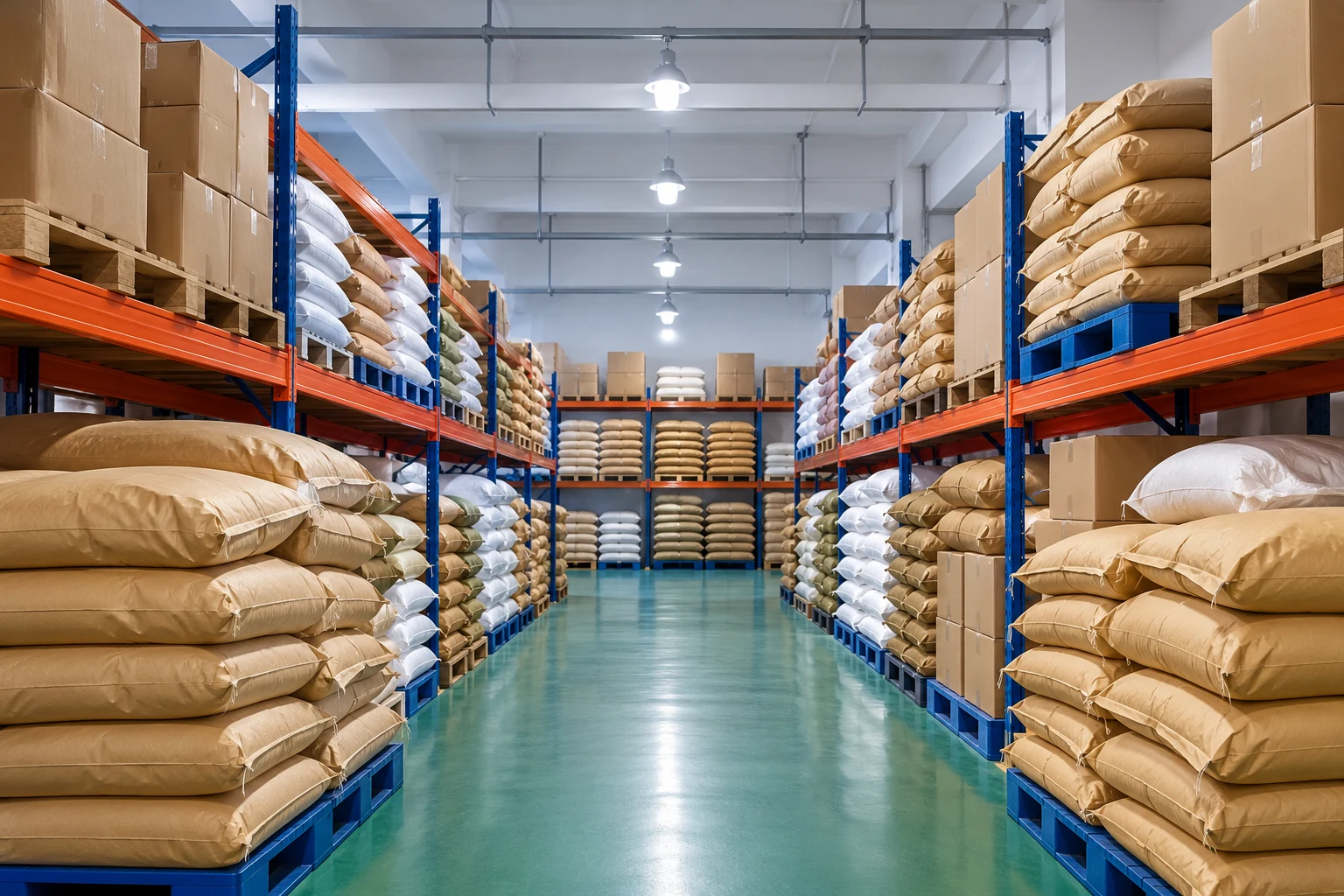 Illustrative warehouse aisle with separated materials and cartons