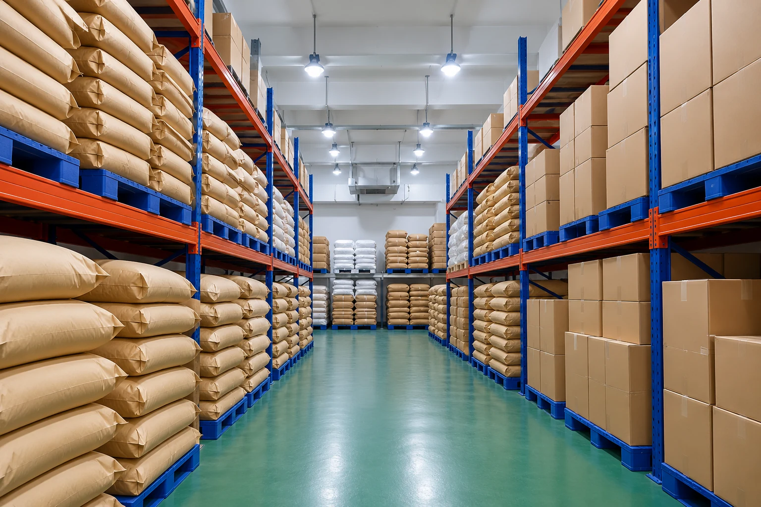 Illustrative warehouse aisle with organized sacks and cartons
