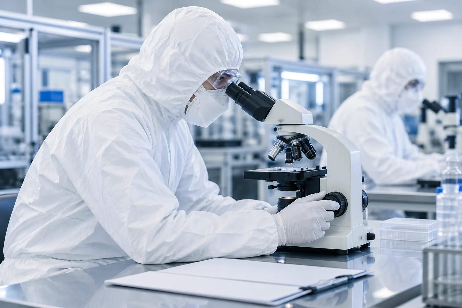Illustrative laboratory analyst reviewing a sample at a microscope