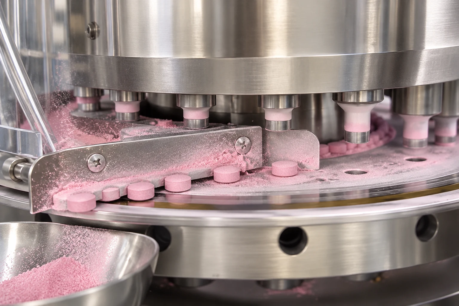Illustrative rotary tablet processing station with pink tablets behind a guard
