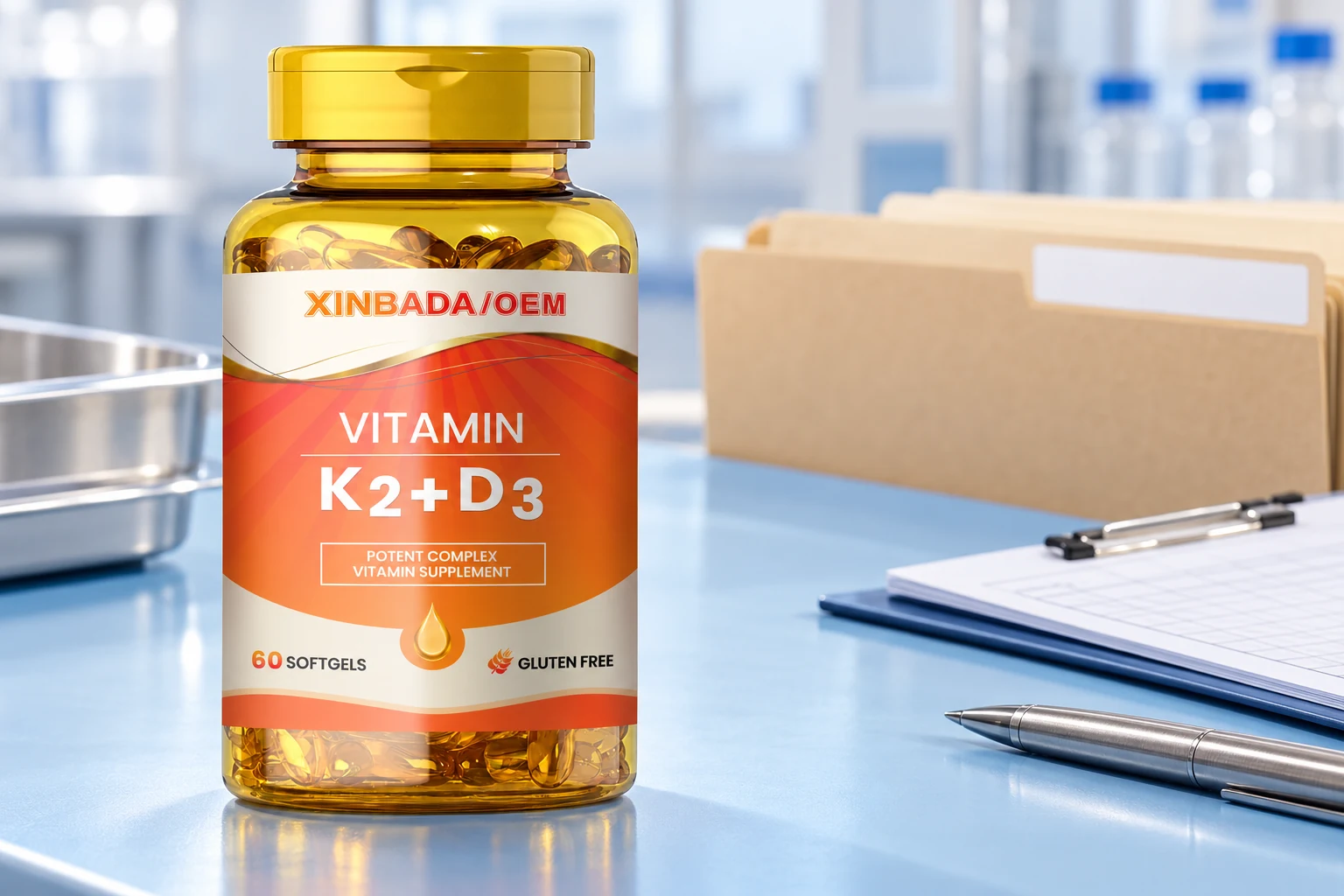 Xinbada Vitamin K2 plus D3 catalogue bottle in a regenerated document review setting