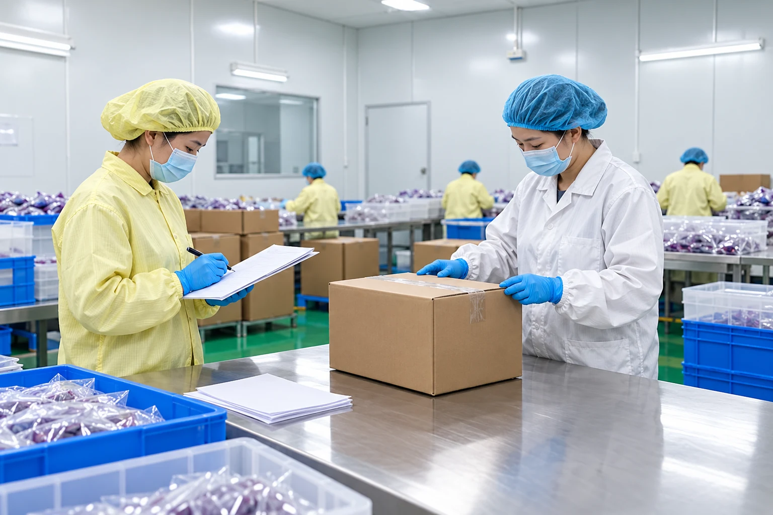 Illustrative packing team checking a plain carton and accompanying documents