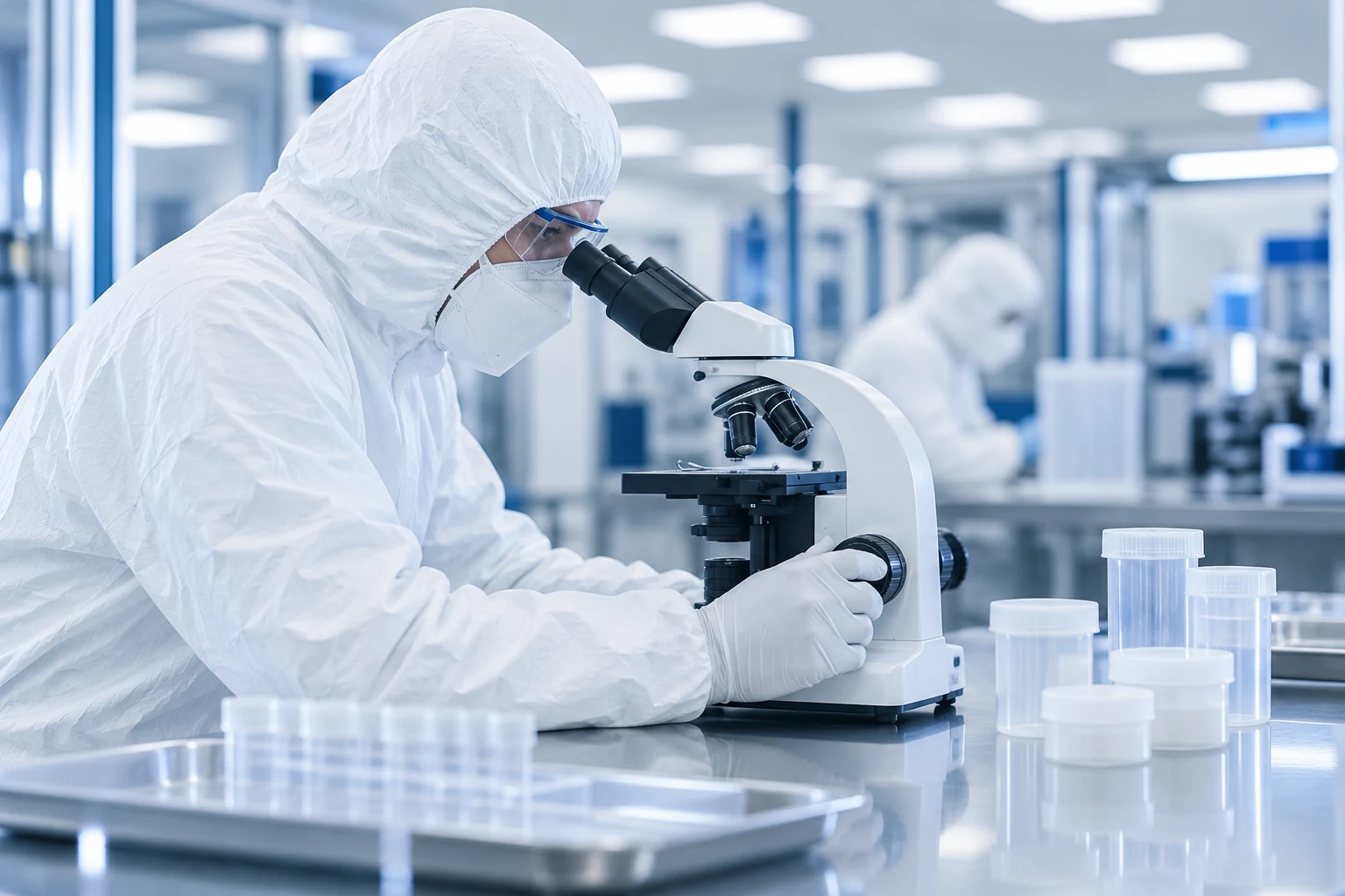 Illustrative laboratory review with a microscope and closed sample containers