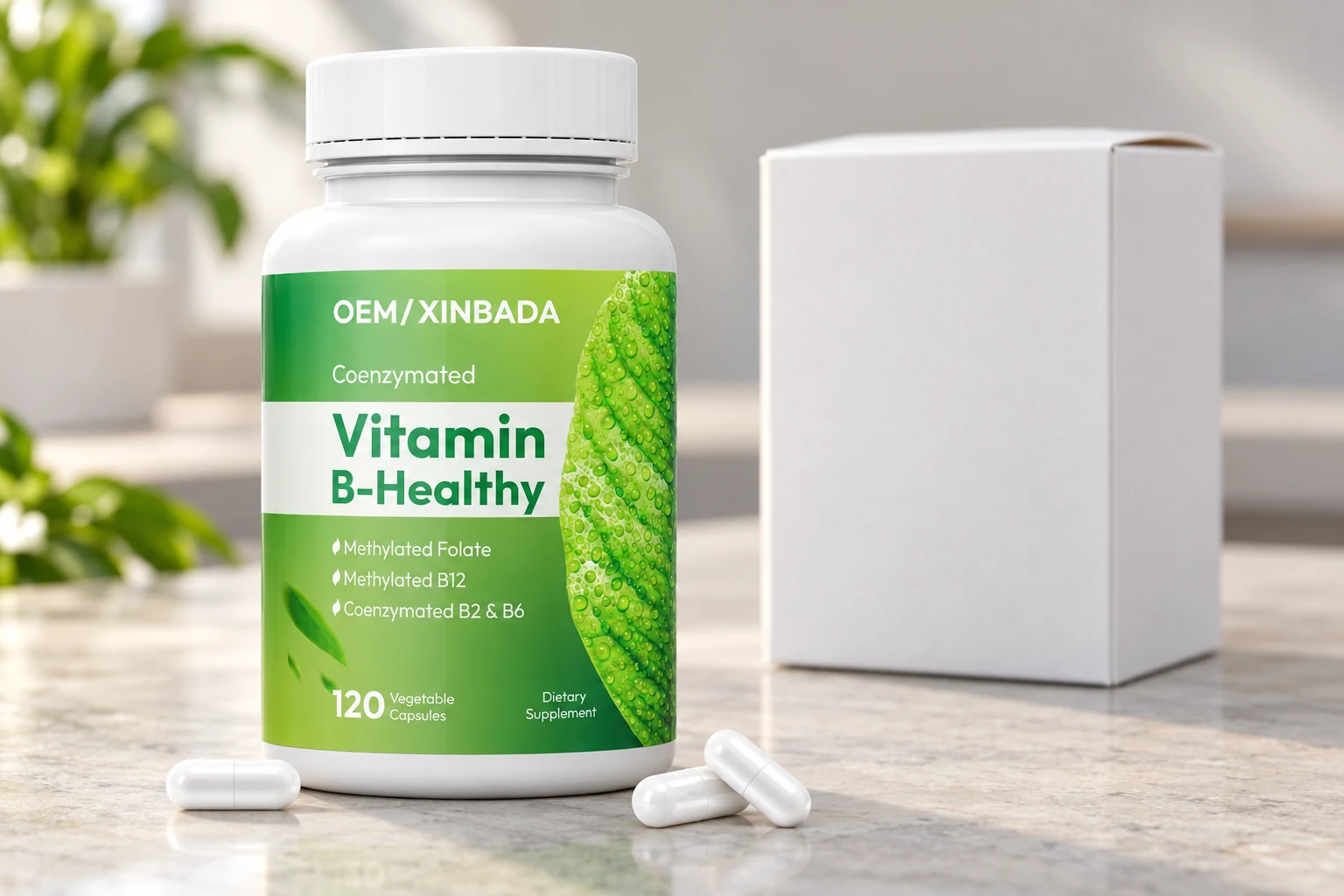 Xinbada vitamin bottle and three capsules on an illustrative sample review counter