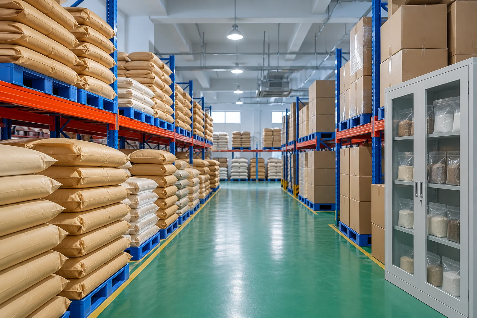 Illustrative ingredient warehouse with separated sacks cartons and retained reference samples