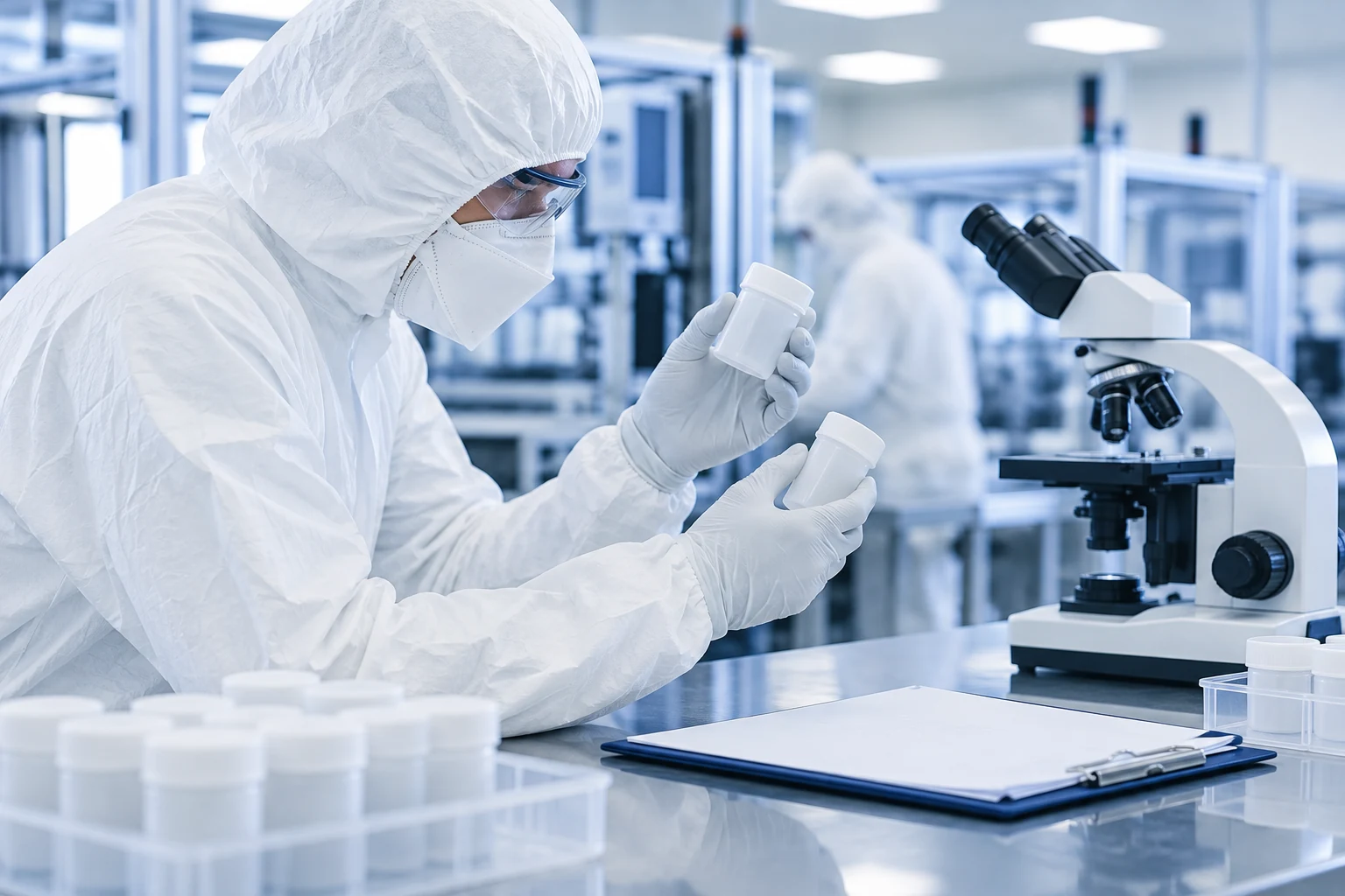 Laboratory analyst examining sealed samples beside a microscope