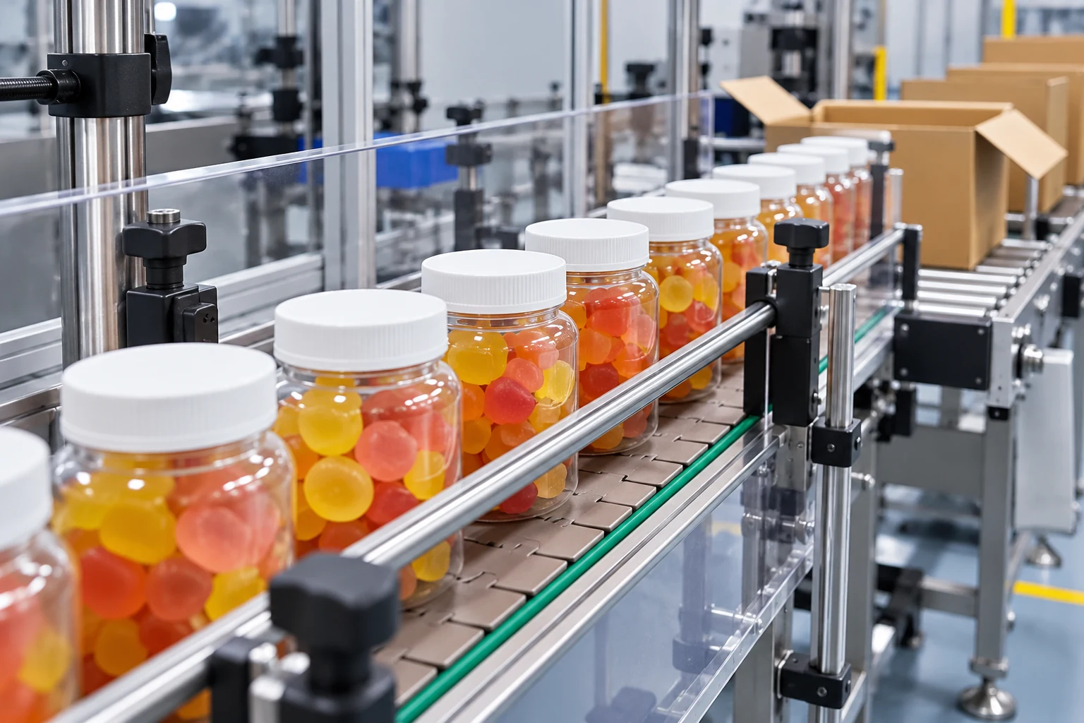 Illustrative supplement jars moving through a protected packaging conveyor
