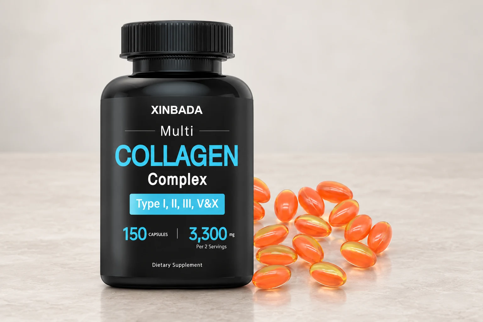 A Xinbada collagen bottle with orange oval softgels, illustrating a visible capsule presentation