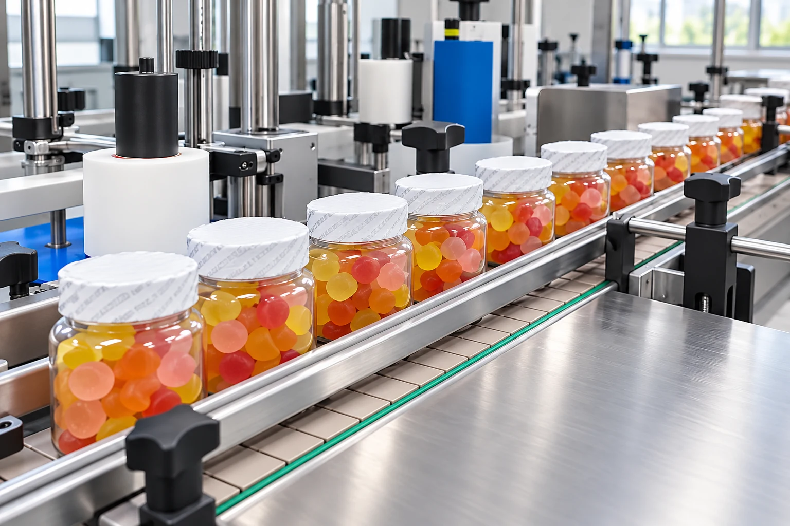 Transparent jars on a bottle-handling line illustrating primary packaging context