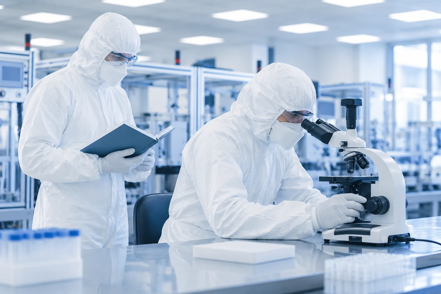 Protected laboratory staff and microscope illustrating product-specific quality checks