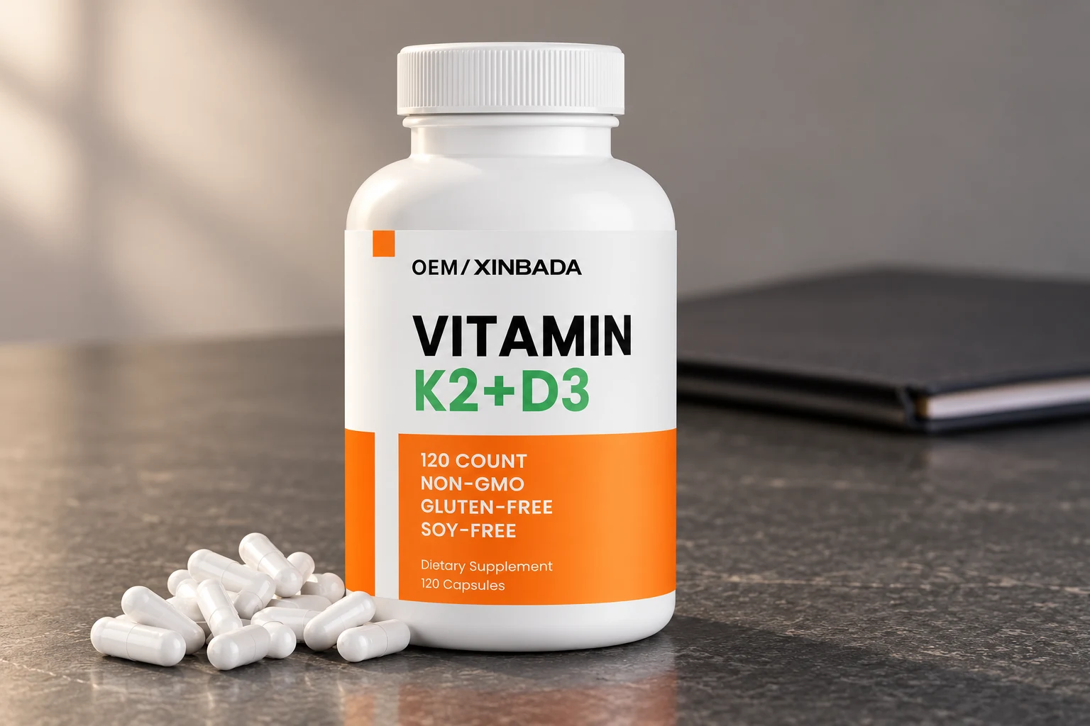 OEM Xinbada Vitamin K2+D3 bottle and white capsules as a specification reference