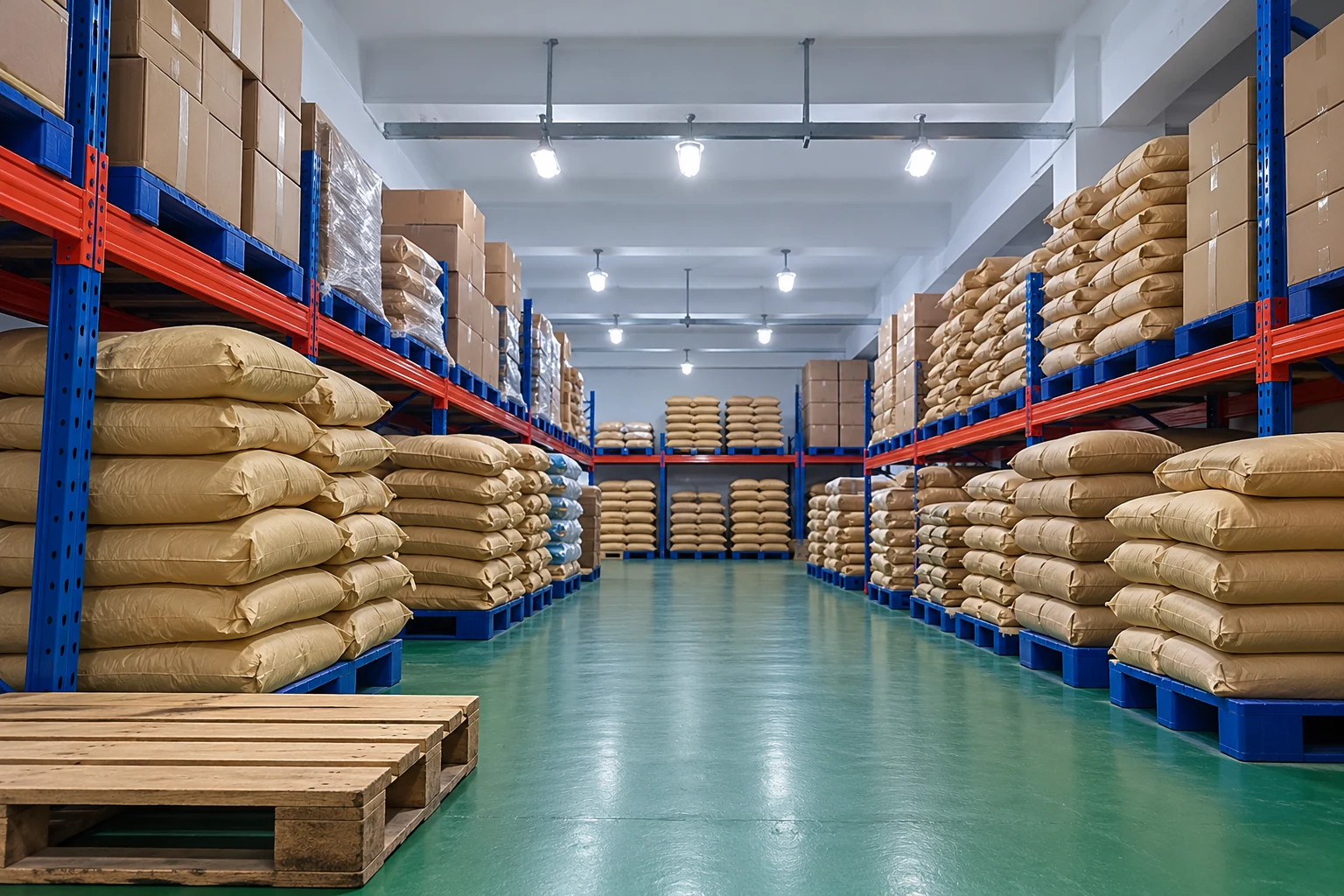 Racked sacks and cartons illustrating material identification and storage planning