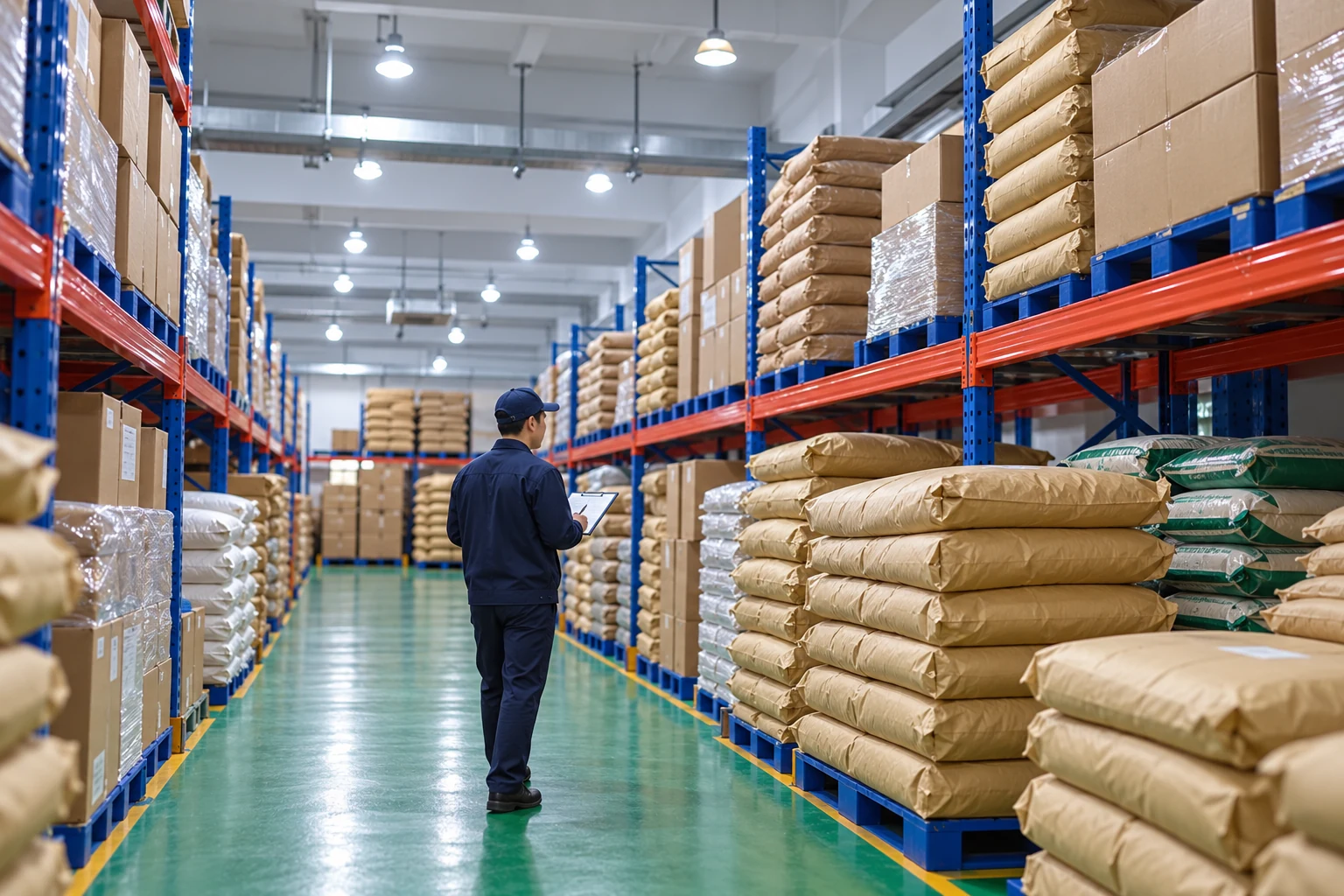 Organised warehouse reference illustrating material identification and batch handling