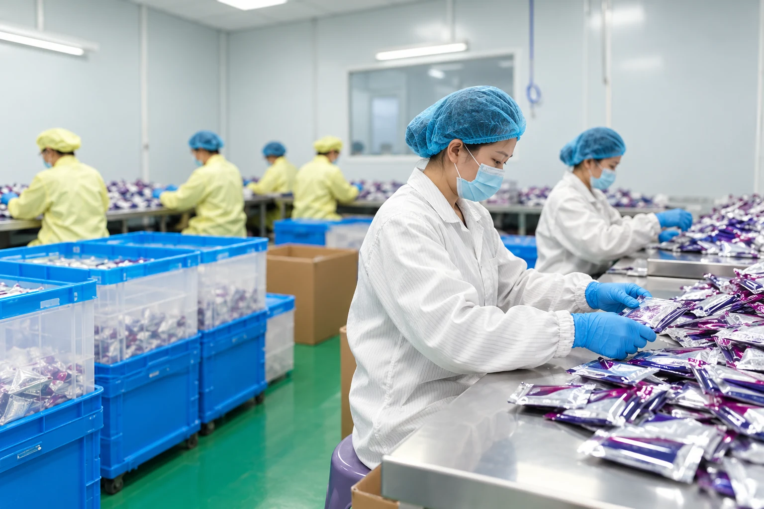 Protected staff at packaging tables illustrating handling of sealed primary packs