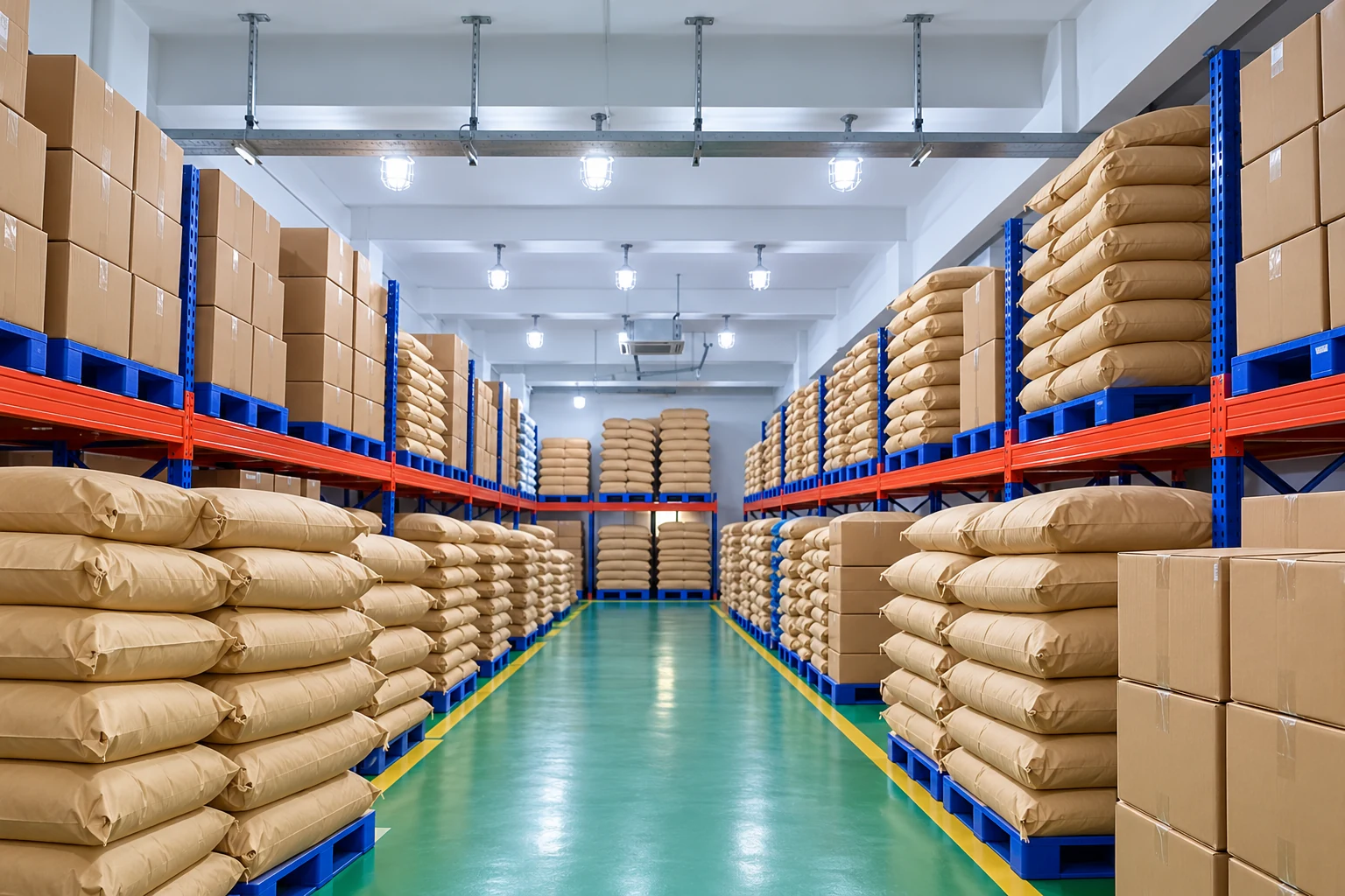 Illustrative warehouse aisle with neatly arranged plain sacks and cartons