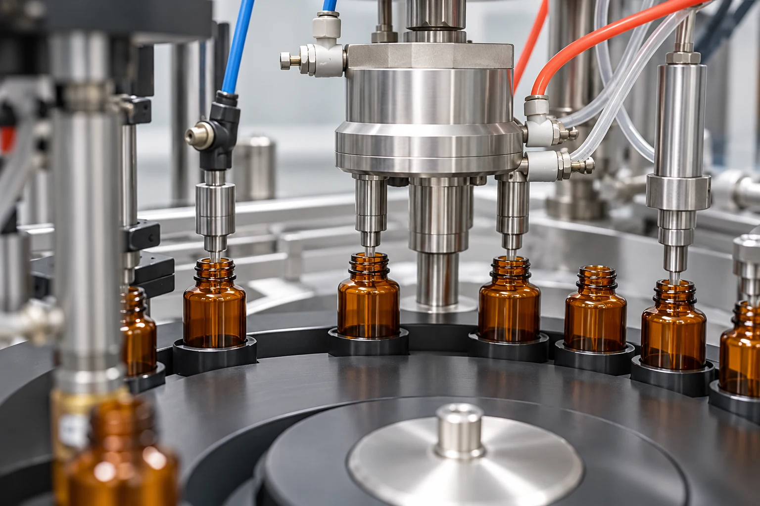 Illustrative amber bottle filling conveyor in a clean production setting