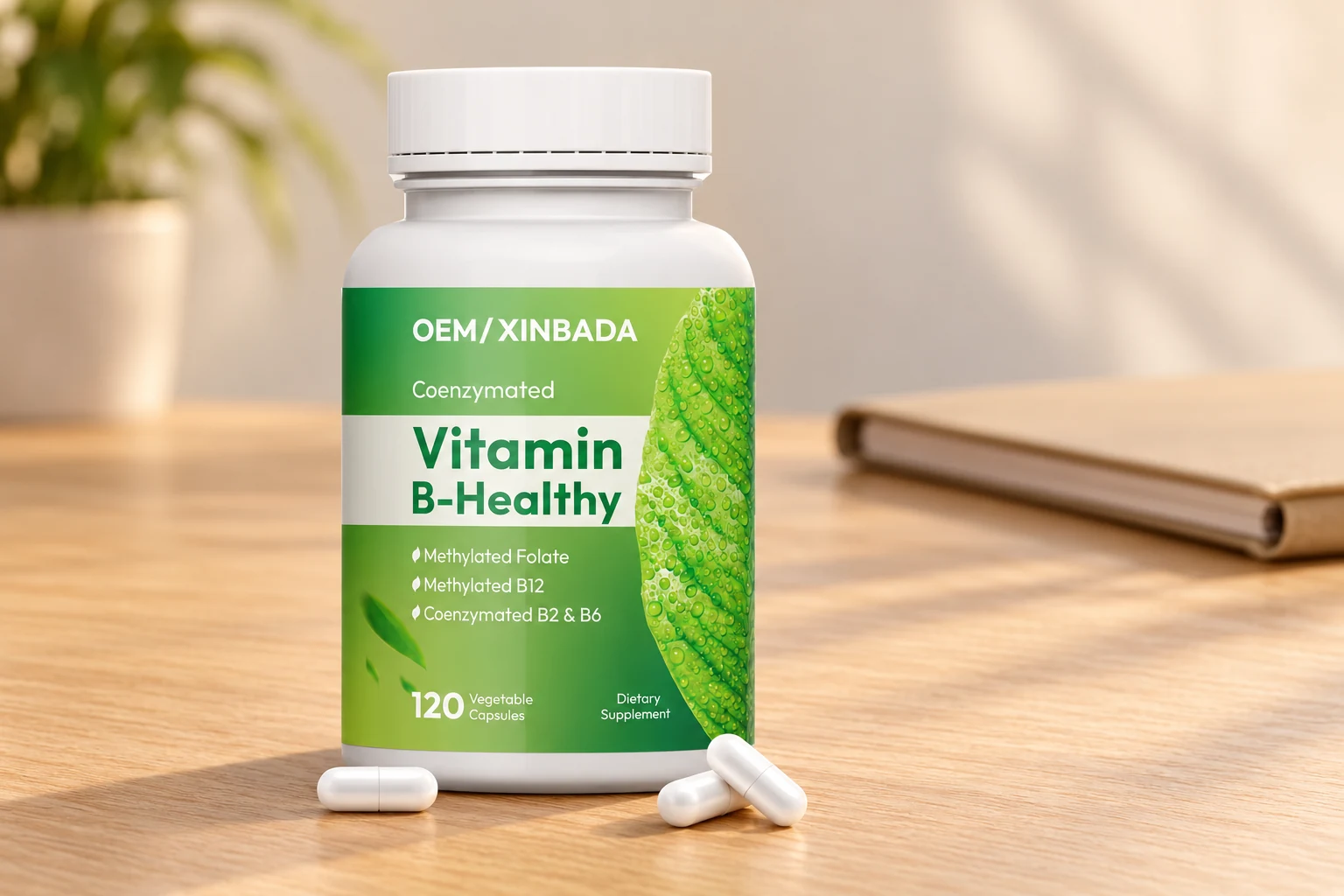 Green B-vitamin bottle and capsules shown as a dosage-format example, not a complete women’s daily pack