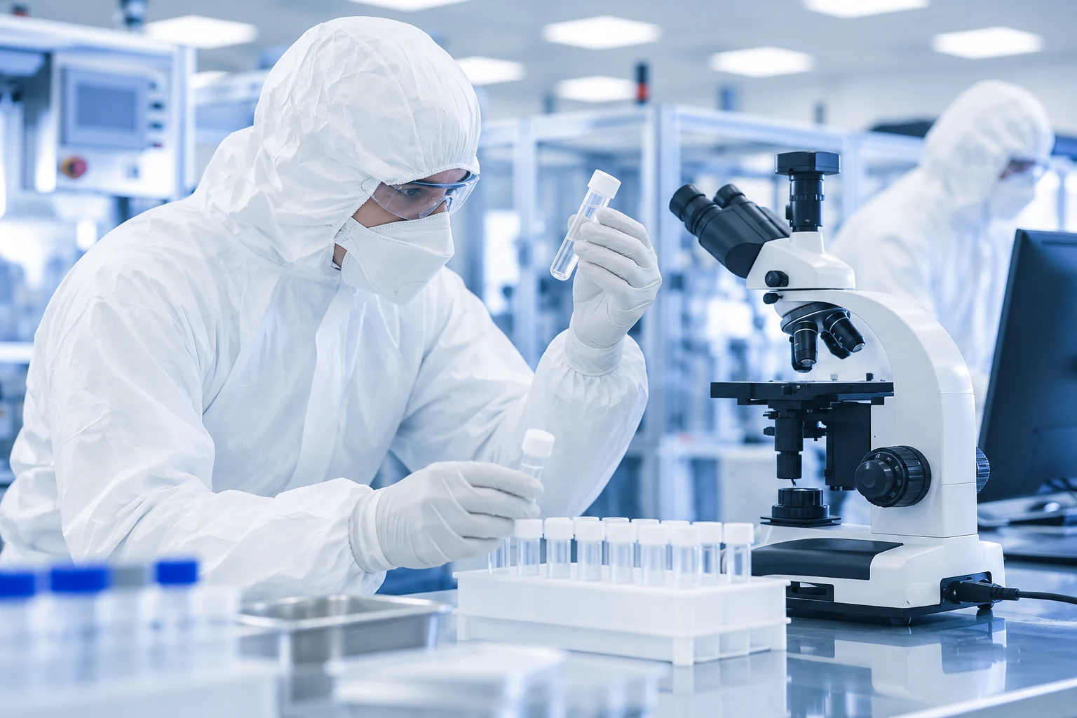 Illustrative laboratory review of sample tubes beside a microscope