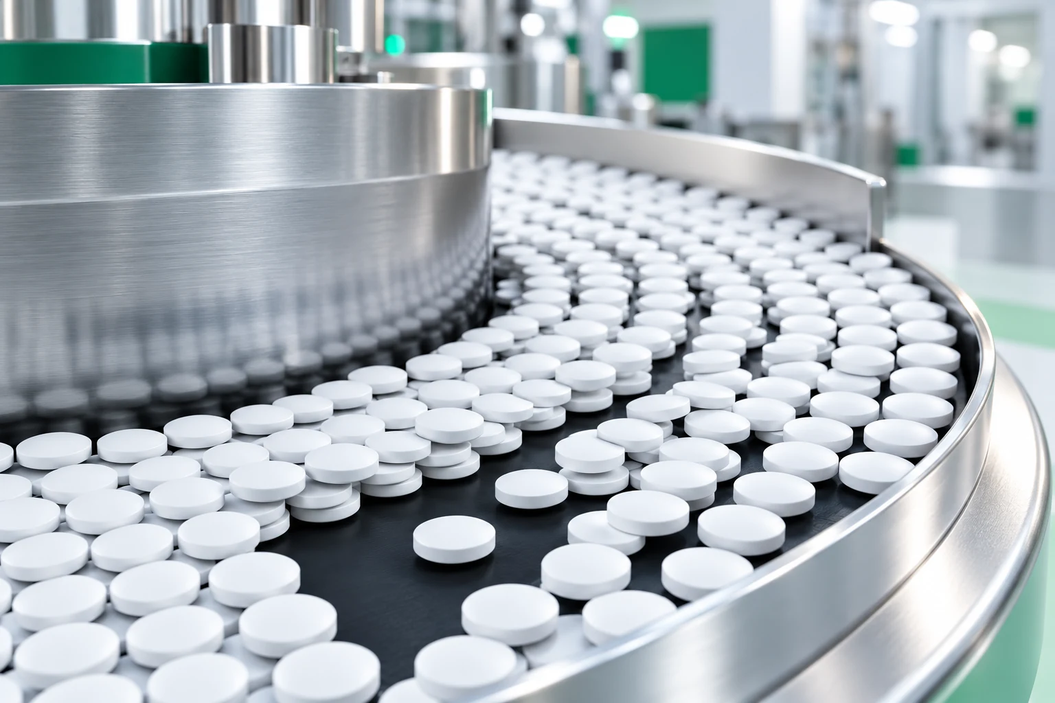 Editorial process illustration of plain tablets moving through stainless production equipment