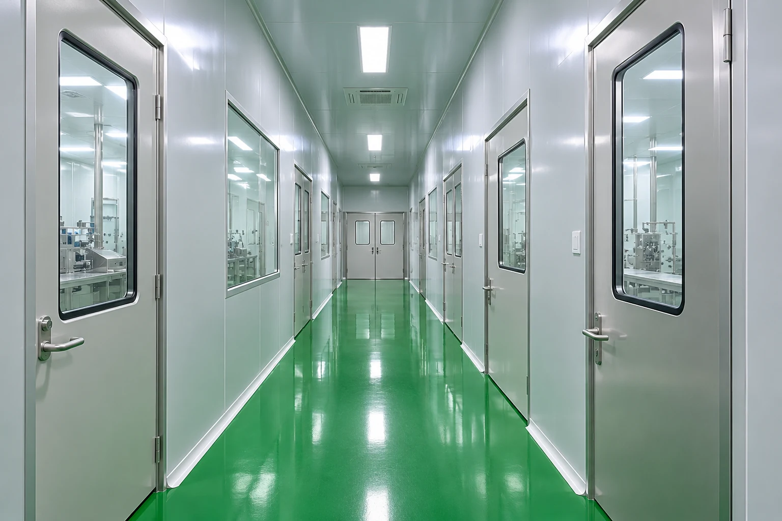 Editorial illustration of a clean production corridor with a green floor