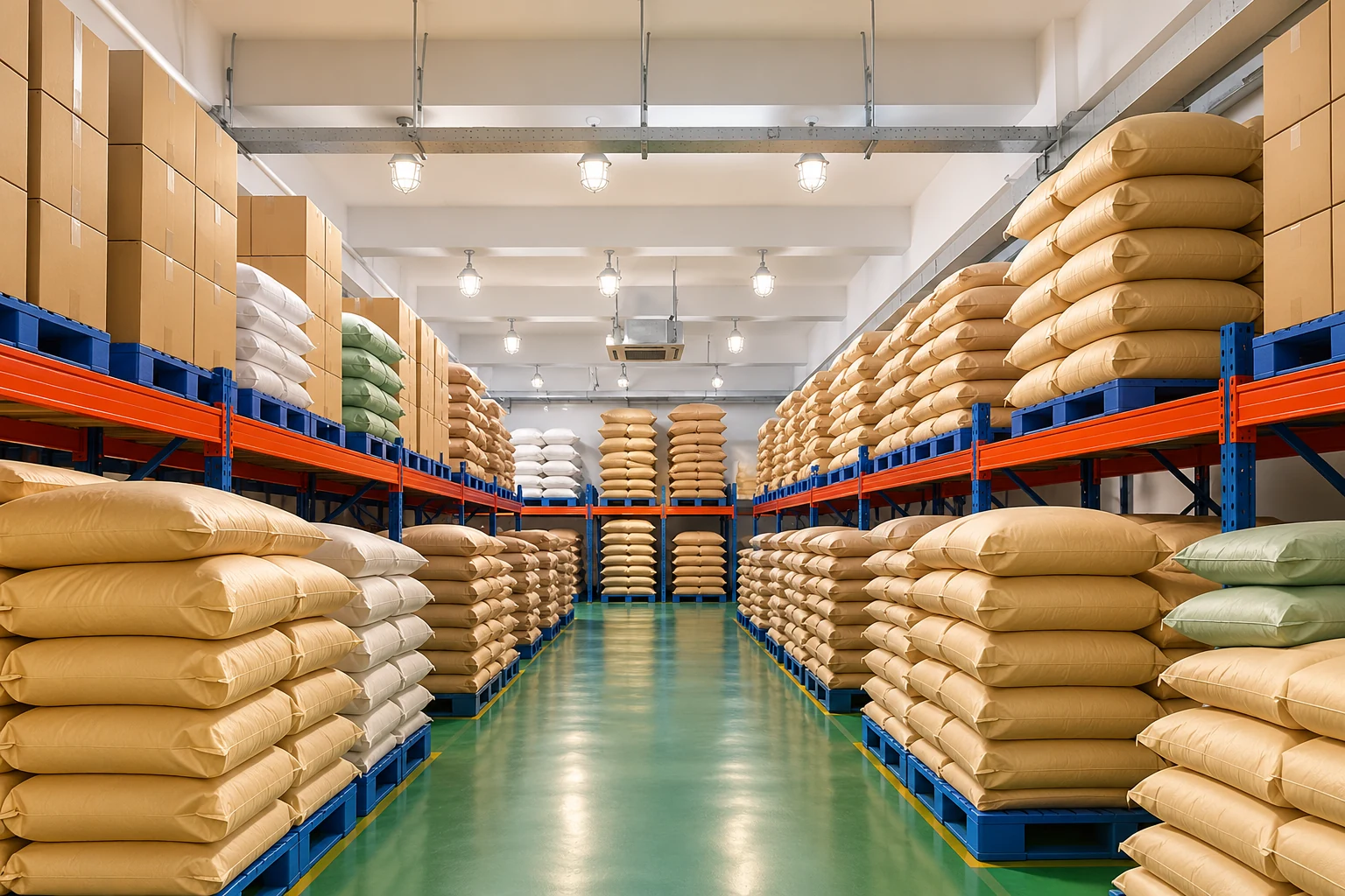 Editorial illustration of organized warehouse racks holding closed plain sacks and cartons