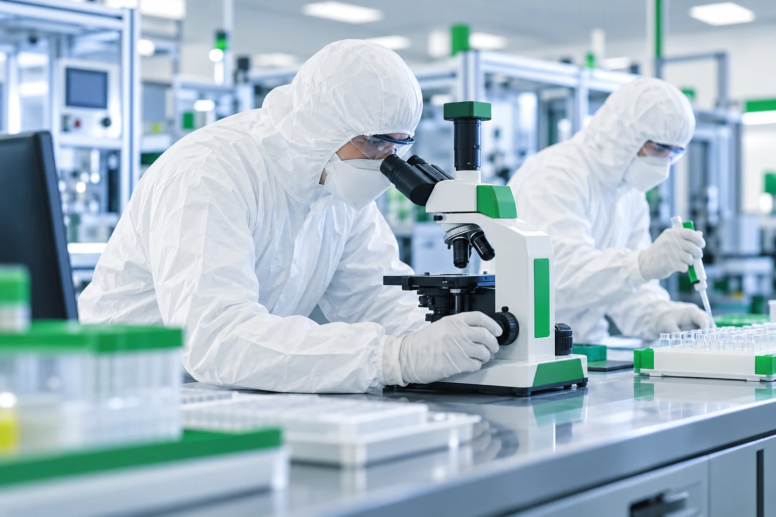 Illustrative technicians examining unlabelled samples in a laboratory