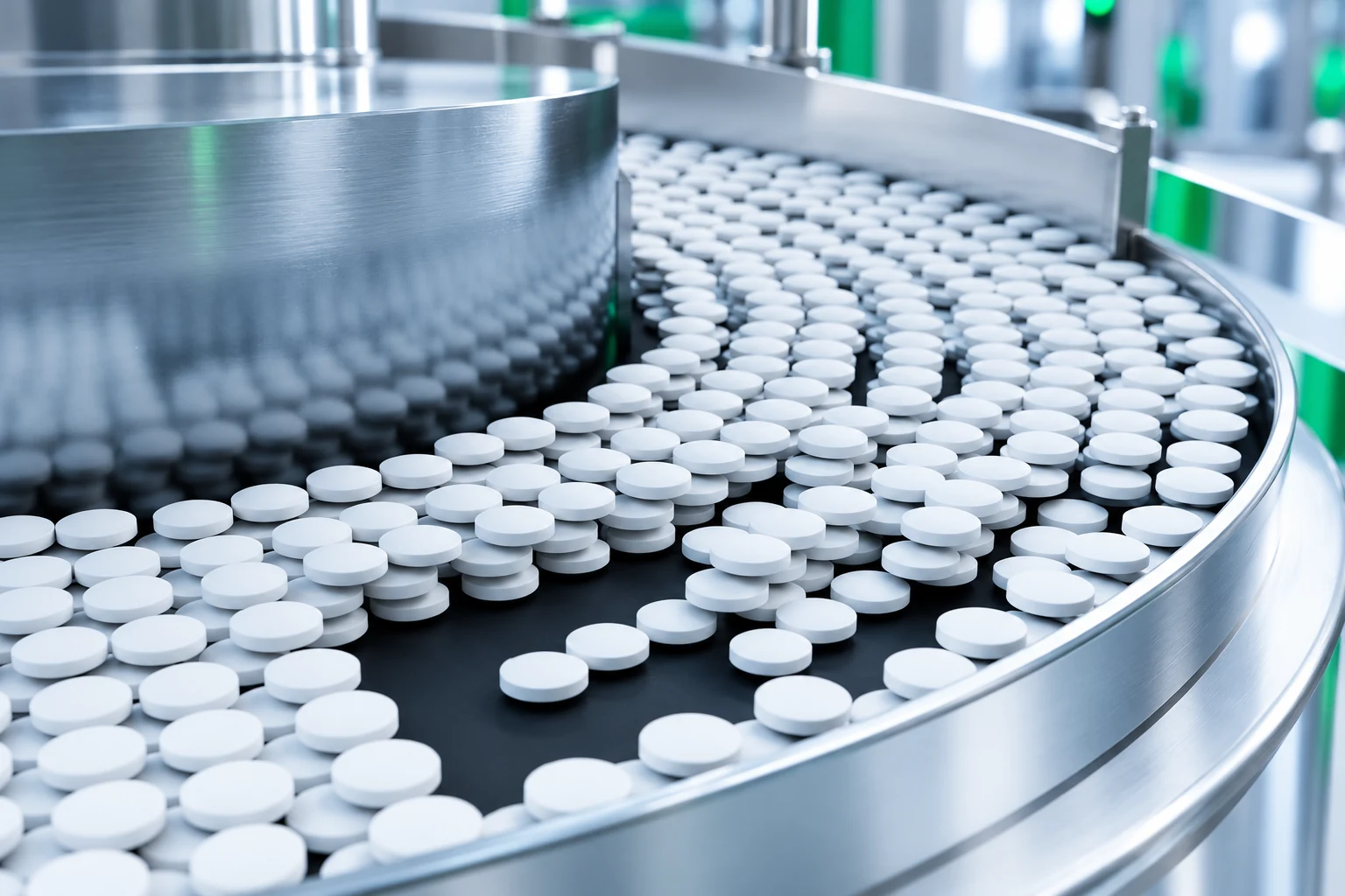 Illustrative white tablets moving through a curved stainless production conveyor
