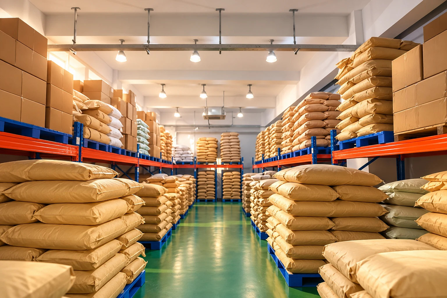 Illustrative warehouse aisle with closed plain sacks and cartons on racks