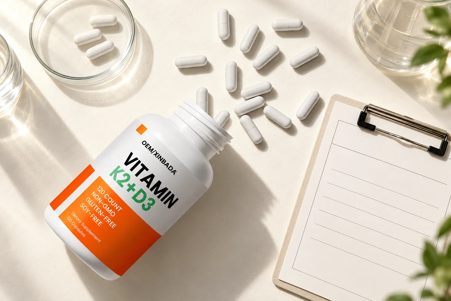 Illustrative vitamin bottle and capsule arrangement beside a blank formulation review card